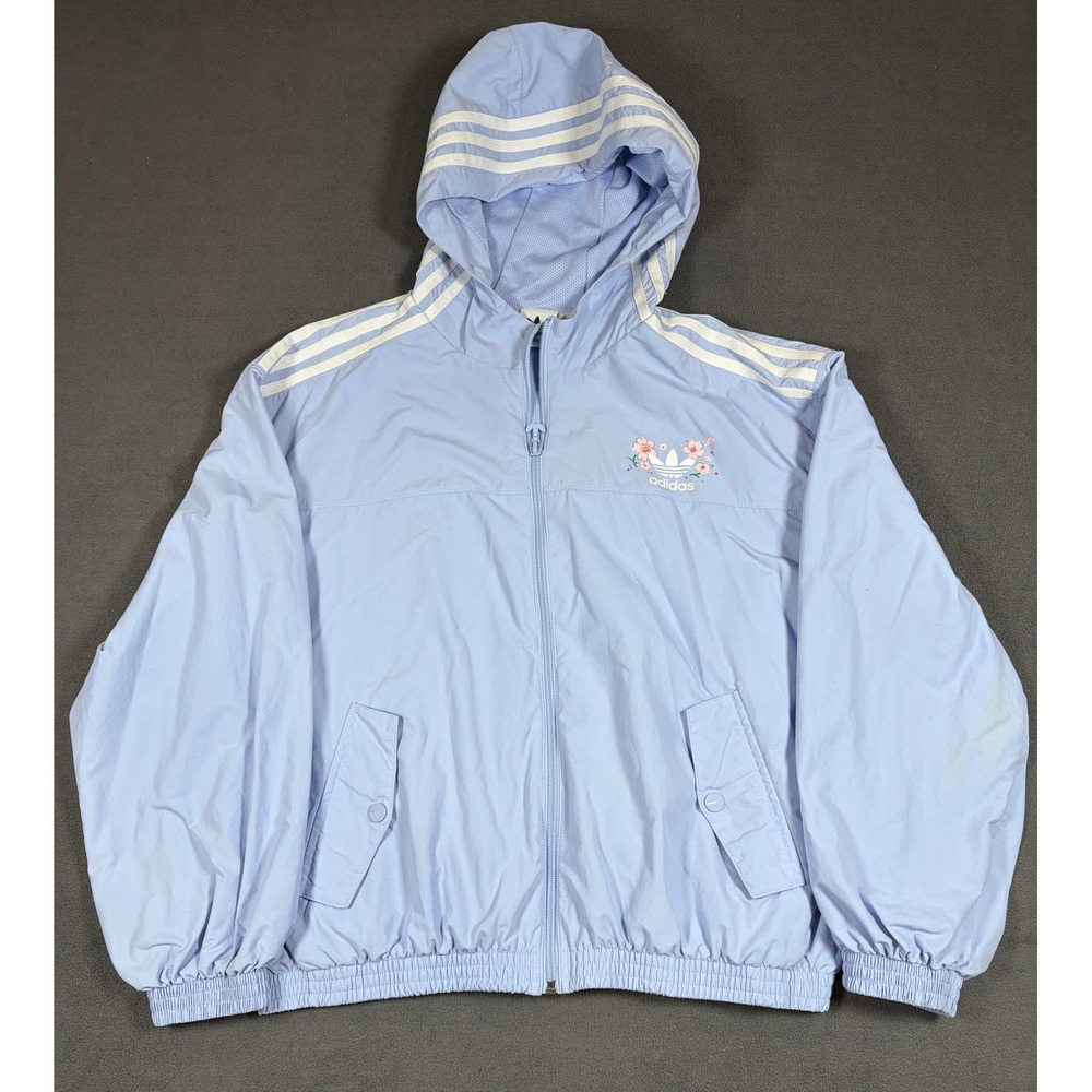 Adidas Windbreaker Jacket Womens XS Blue Floral Trefoil Full Zip Hooded